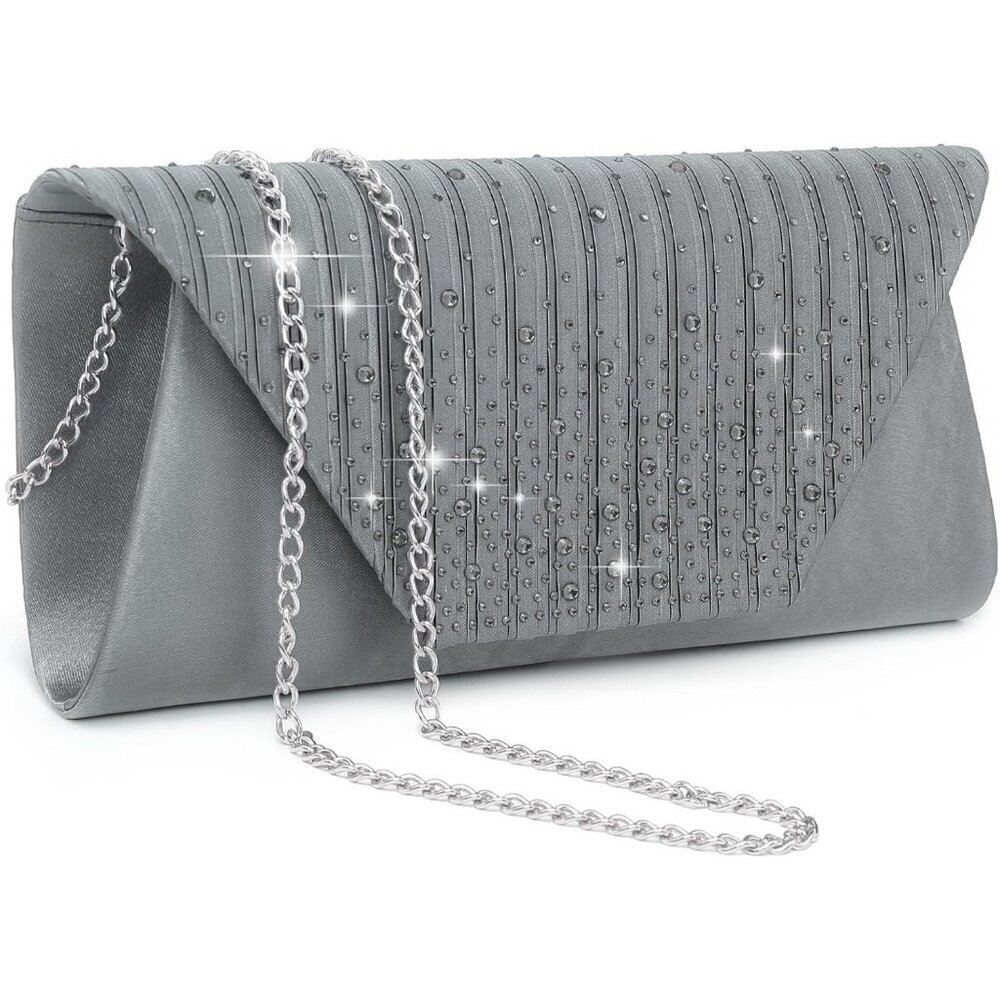 Women's Pewter Grey Rhinestone Evening Clutch Bag for Wedding Party & Cocktail